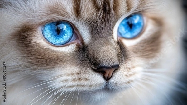 Fototapeta A close-up photo of a domestic cat with bright blue eyes, looking directly at the camera