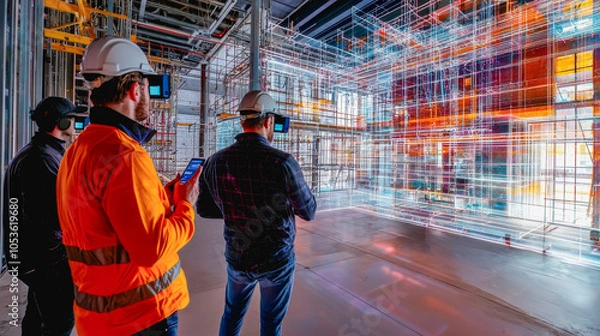 Fototapeta Professional construction team using augmented reality to visualize a 3d hologram of building process - Futuristic technology and industry concept - Models by AI generative