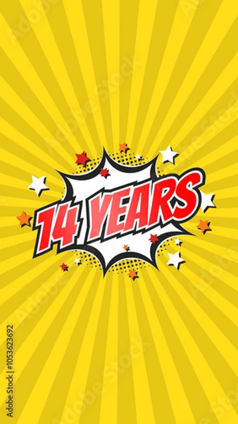 Obraz Celebratory animation for 14th fourteenth anniversary - 14 fourteen years birthday. Flat text on pop colorful background with rays.