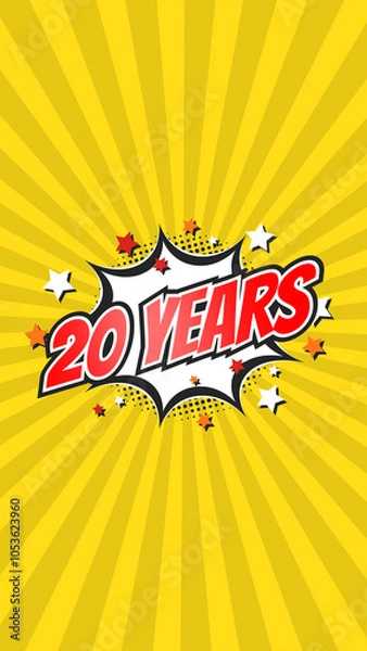 Obraz Celebratory animation for 20th twentieth anniversary - 20 twenty years birthday. Flat text on pop colorful background with rays.