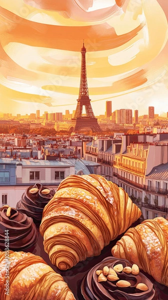 Fototapeta Vibrant postcard design featuring croissants and city skyline