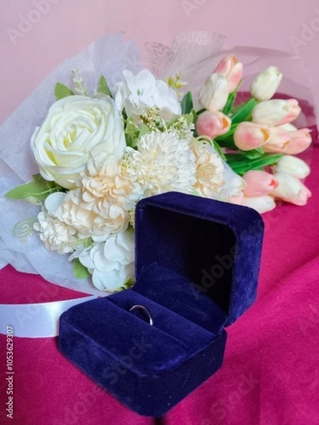 Fototapeta Pink Tulip Bouquet and Engagement Ring