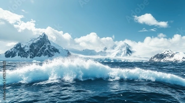 Fototapeta Melting Glaciers, Icebergs Calving into Serene Waters, Clear Blue Sky Above, Climate Change Impact, Nature's Dramatic Transformation