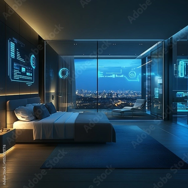 Fototapeta Smart technology integration, luxury room infographic, sleek building design, modern visual style