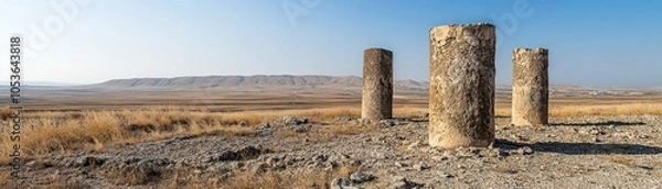 Fototapeta Three ancient stone columns stand in a vast, arid landscape under a clear blue sky.