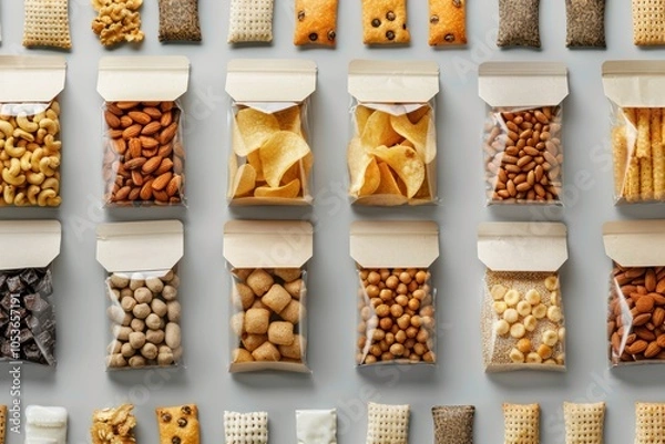 Fototapeta several snack packaging mockups top view, different types of snacks - chips, nuts and granola bars