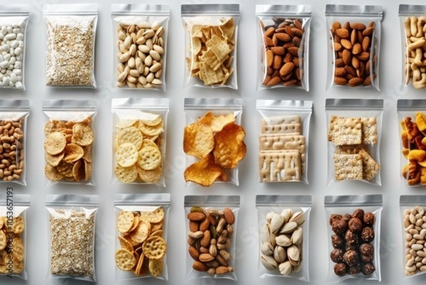 Fototapeta several snack packaging mockups top view, different types of snacks - chips, nuts and granola bars