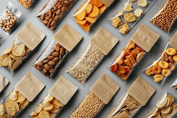 Fototapeta several snack packaging mockups top view, different types of snacks - chips, nuts and granola bars