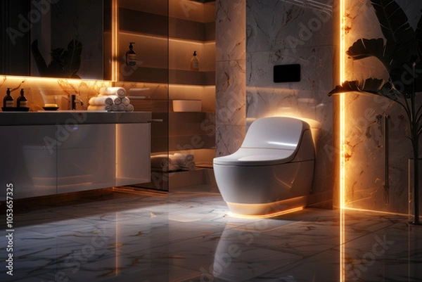 Fototapeta high-tech toilet with a smart control panel, set in a luxurious bathroom with ambient lighting and marble surfaces