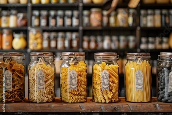 Fototapeta Set of pasta mockups, macaroni samples in glass jars on kitchen shelf of store, with labels with italian pasta names and decorative elements