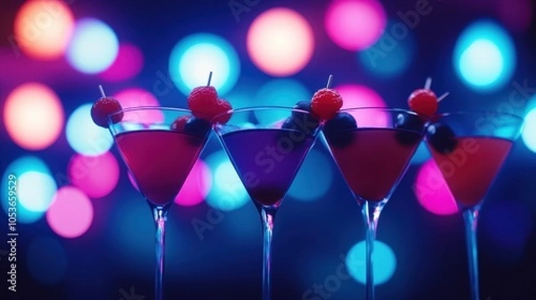 Fototapeta A vibrant scene with four stylish cocktails in elegant martini glasses, each garnished with a cherry. blurred blue and pink bokeh lights create a festive nightlife atmosphere.