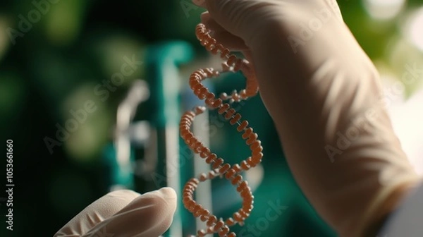 Fototapeta A gloved hand holds a colorful DNA model, symbolizing genetic research. soft-focus lab background blends science and nature, ideal for medical and educational use.