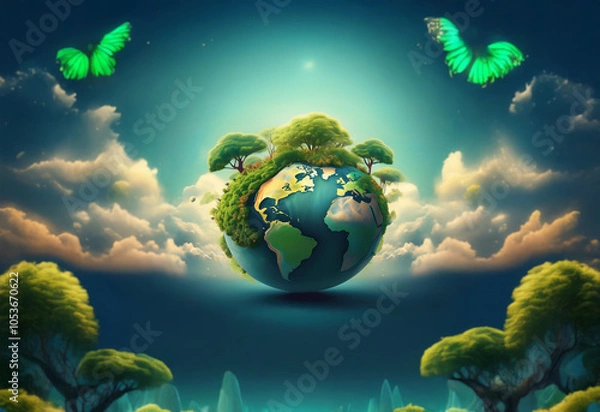 Fototapeta A green and blue globe Earth with lush trees, floating in a blue sky filled with white fluffy clouds.