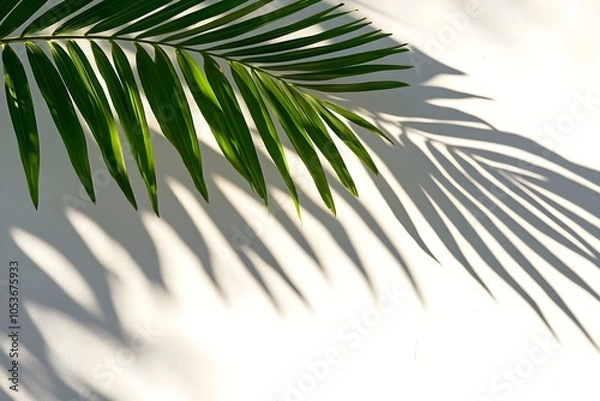 Fototapeta Shadows of green palm leaves cast across a pristine white wall