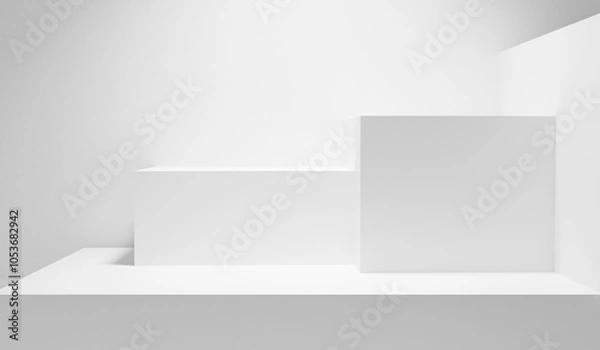 Fototapeta White table. White background. White abstract empty forms. Blank white wall with copy space table - mock up for design and product placement