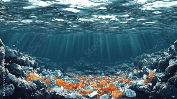 Obraz Underwater Sunbeams Illuminating Plastic Pollution on Ocean Floor