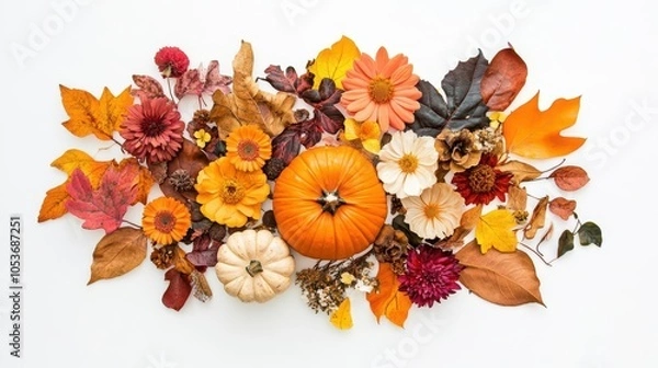 Fototapeta flat layout of dried leaves, pumpkins, and colorful flowers arranged artistically on a white background, celebrating the essence of thanksgiving with a warm and inviting aesthetic