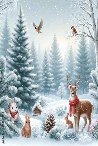 Obraz Snow-covered forest scene with tall pine trees.