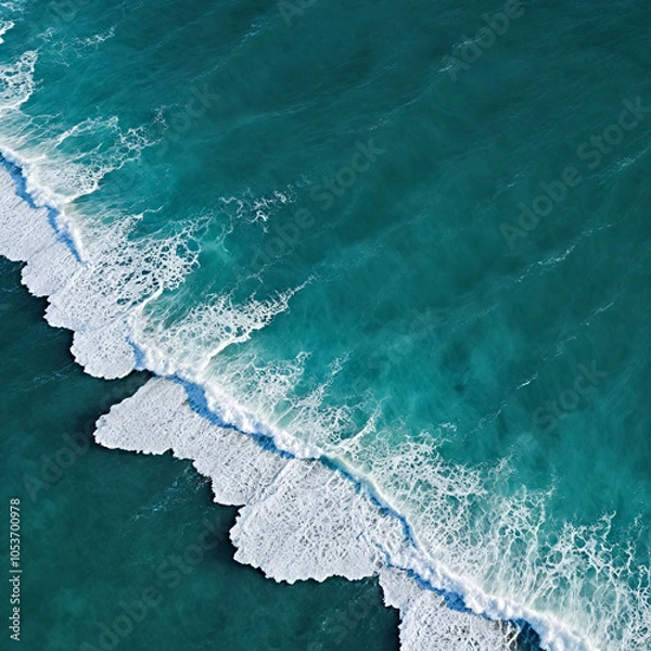 Fototapeta Aerial view beautiful of sea waves from drone. Stock image of blue color of ocean water, sea surface. Top view on turquoise waves, clear water surface texture.	