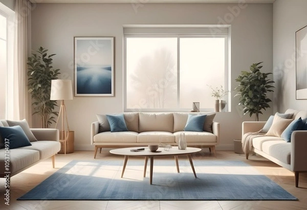 Fototapeta Modern Interior Mockup Poster Frame in Contemporary Living Room – 3D Render Illustration, Realistic 3D Mockup of Poster Frame in a Contemporary Living Room Setting