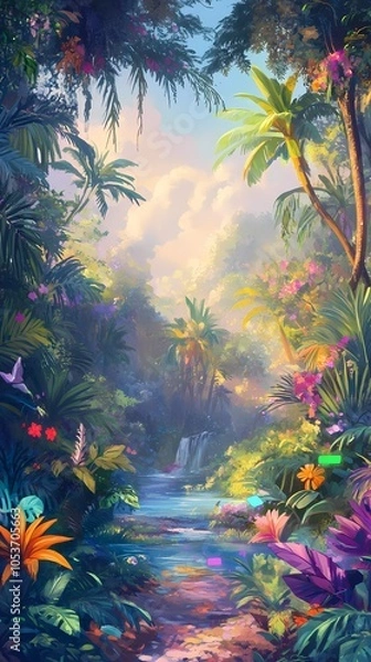 Fototapeta A close-up of colorful jungle flowers showcasing their vibrant hues against a rich green backdrop.