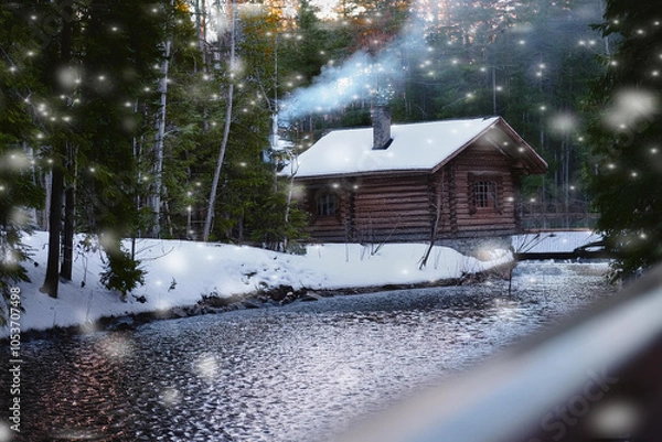 Obraz Image of a log cabin landscape by a snowy waterfront