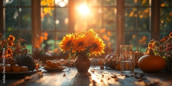 Fototapeta Warm Thanksgiving Table Setting with Sunflowers