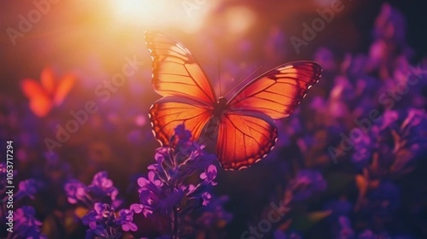 Fototapeta Aerial view of a butterfly among violet flowers, bathed in sunset hues, capturing nature's elegance.