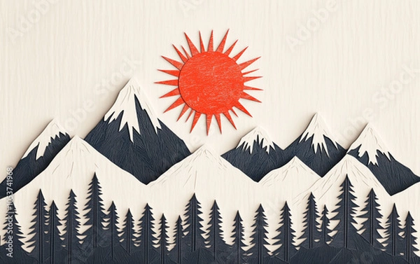 Fototapeta Laser-cut letterpress background showcasing the majestic Sawtooth Mountains, with a vibrant sun rising over the peaks, creating a striking contrast of textures and light that highlights the beauty of 