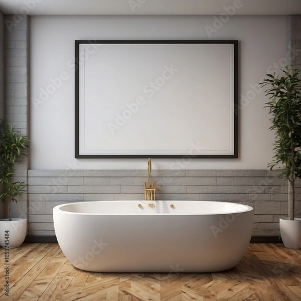 Fototapeta Modern Minimalist Bathroom Bathtub With A Large  Frame On The Wall, Interior Design Wall Art Mockups