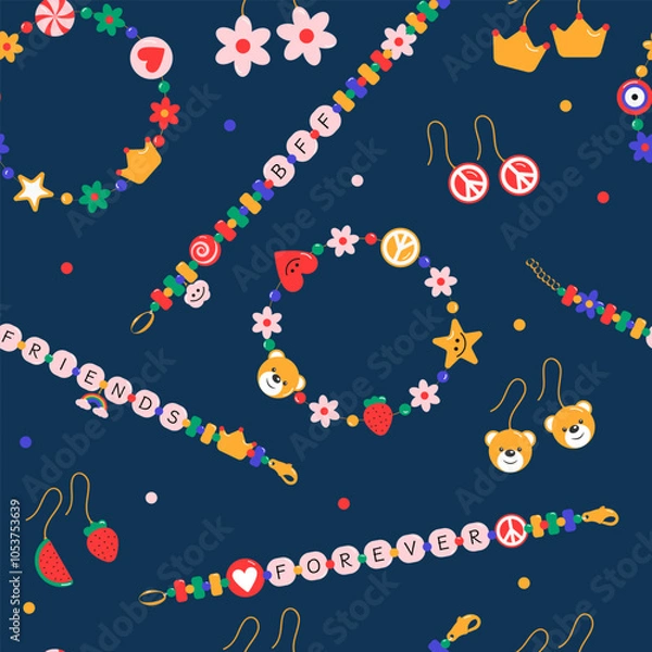 Fototapeta Playful pattern showcasing vibrant bracelets and earrings adorned with symbols of friendship, including bff and friends lettering