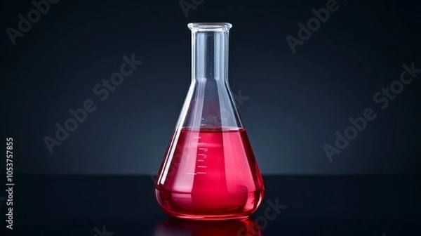 Fototapeta  A red liquid in a glass flask on a black surface, reflecting below in its depths