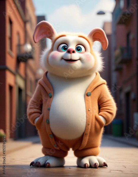 Obraz A cheerful cartoon creature stands in a vibrant urban alley wearing a cozy tan outfit, enjoying a sunny day in the city