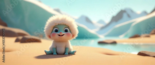 Obraz Cute animated character exploring a sandy beach near icy mountains on a sunny day in a fictional winter landscape