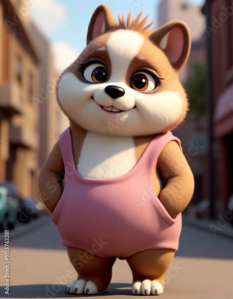 Obraz A cheerful animated corgi in a pink outfit stands confidently on a sunny street with buildings in the background during the day