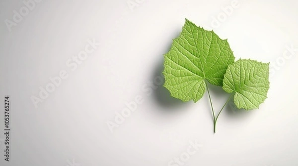 Fototapeta Textured green leaves with a recycling symbol beautifully isolated on a crisp white background in a dynamic 34-angle view