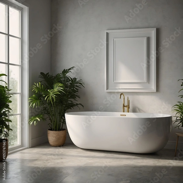 Fototapeta Modern Minimalist Bathroom Bathtub With A Large  Frame On The Wall, Interior Design Wall Art Mockups