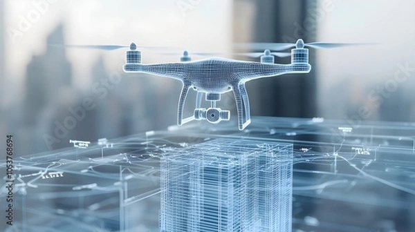 Fototapeta 3D Scanning Drone Over Skyscraper in Real Time