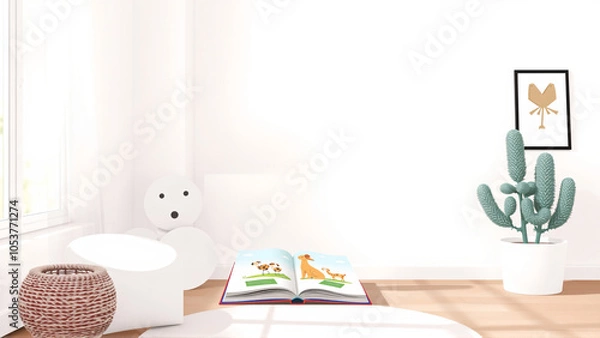 Fototapeta Cozy reading nook with a large open book, plush toys, and indoor plants in a bright, sunny room
