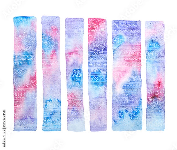Fototapeta Watercolor Set of Totem Elements. Colorful Stylized Totem Poles Isolated on White Background with Hand Drawn Line Abstract Tribal Ornament, Faces and Animals