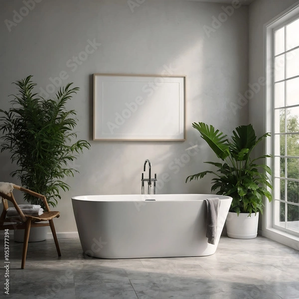 Fototapeta Modern Minimalist Bathroom Bathtub With A Large  Frame On The Wall, Interior Design Wall Art Mockups