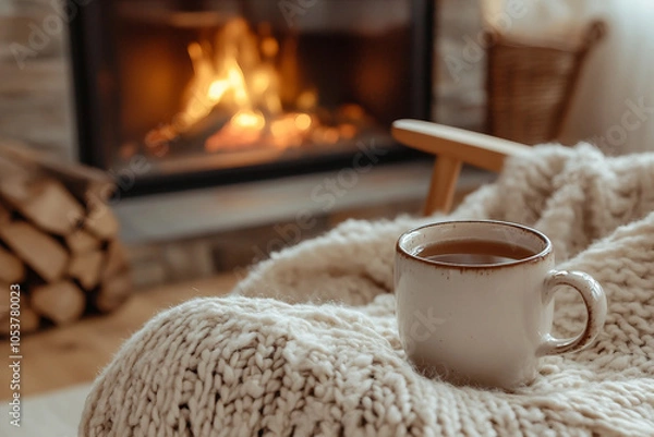 Fototapeta A cup of tea and winter atmosphere around it generative ai