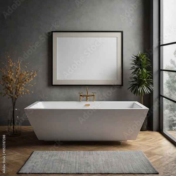 Fototapeta Modern Minimalist Bathroom Bathtub With A Large  Frame On The Wall, Interior Design Wall Art Mockups