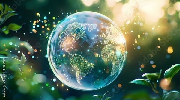 Fototapeta A glassy orb containing a stylized Earth sits over a blurred background of green foliage and bokeh.
