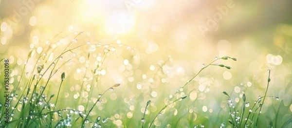 Fototapeta Dew On Grass Field In The Morning With Blurred Background And Bokeh Effect