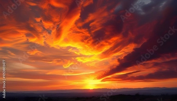 Obraz Dramatic orange and red sunset sky with dark clouds, inspirational evening