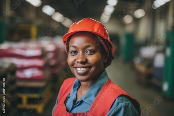 Fototapeta Portrait of a joyful middle aged African American female warehouse worker