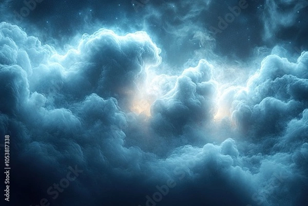 Fototapeta Dramatic stormy clouds illuminated by a bright light from behind.