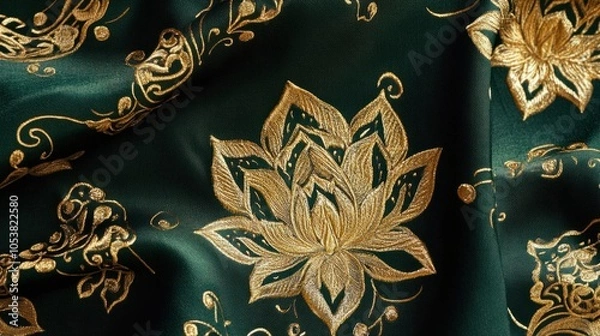 Obraz Thai traditional pattern with intricate golden lotus on deep green fabric, inspired by heritage, isolated on white