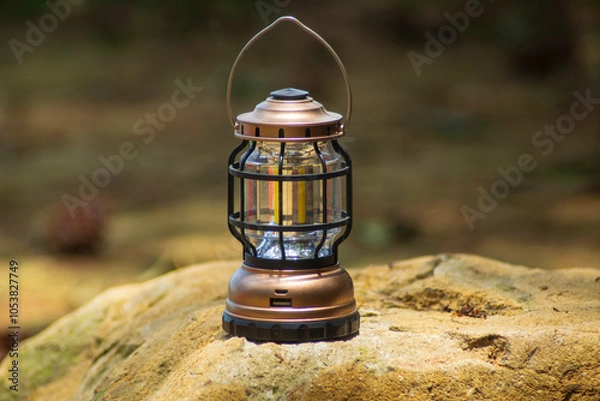 Fototapeta rechargeable lantern led light on rock 